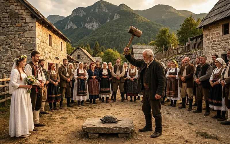 Starac zamahuje drvenom macolom nad kornjačom na kamenoj ploči, dok mladenci i seljani u tradicionalnoj nošnji promatraju obred.
