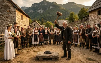 Starac zamahuje drvenom macolom nad kornjačom na kamenoj ploči, dok mladenci i seljani u tradicionalnoj nošnji promatraju obred.