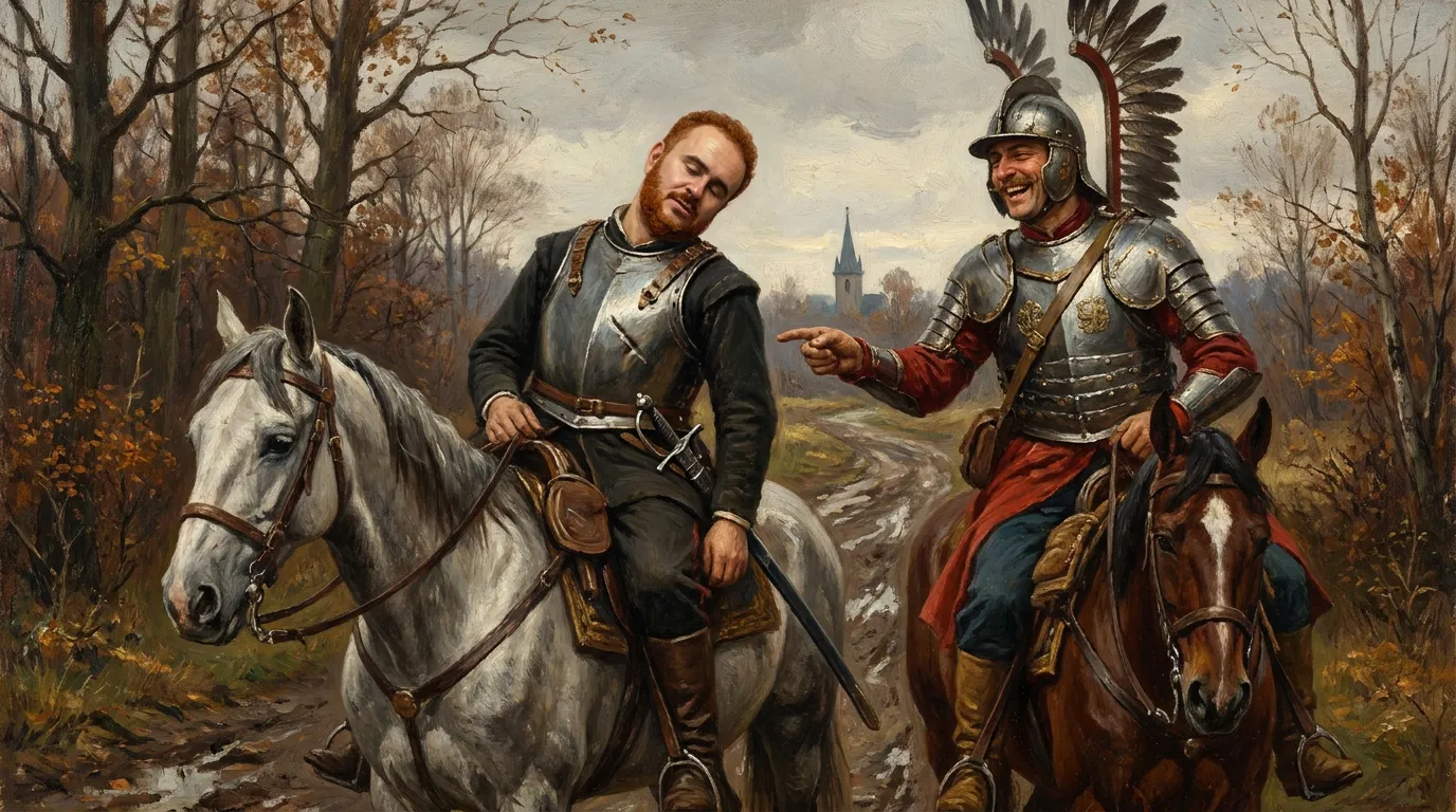 Dva vojnika na konjima na šumskom putu — jedan drijema u sedlu dok mu se drugi, u krilatom husarskom oklopu, smije i pokazuje naprijed.