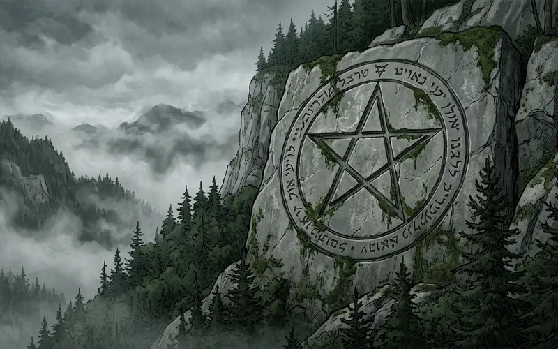 Pentagram s hebrejskim natpisom uklesan u veliku stijenu na maglovitoj planini obrasloj borovima.