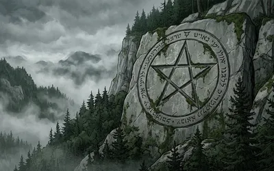 Pentagram s hebrejskim natpisom uklesan u veliku stijenu na maglovitoj planini obrasloj borovima.